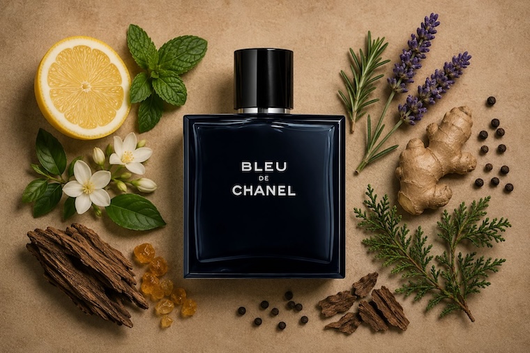 Chanel Bleu de Chanel Eau de Toilette bottle in clear glass with navy cap
