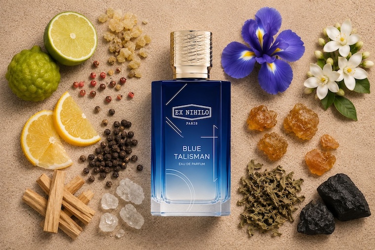 Ex Nihilo Blue Talisman Eau de Parfum bottle in blue glass