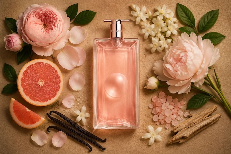 Lancôme Idôle Eau de Parfum in clear cylindrical bottle with gold cap