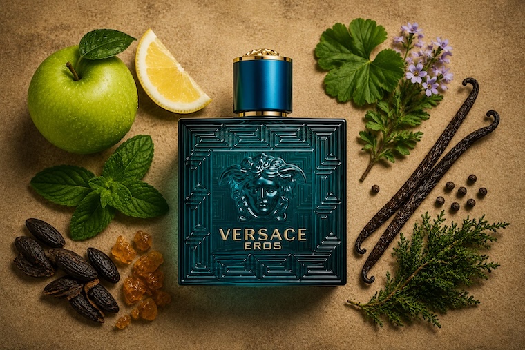 Versace Eros Eau de Toilette in turquoise blue bottle with Greek key cap