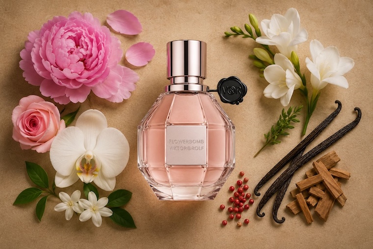 Viktor and Rolf Flowerbomb Eau de Parfum in faceted grenade-shaped pink bottle